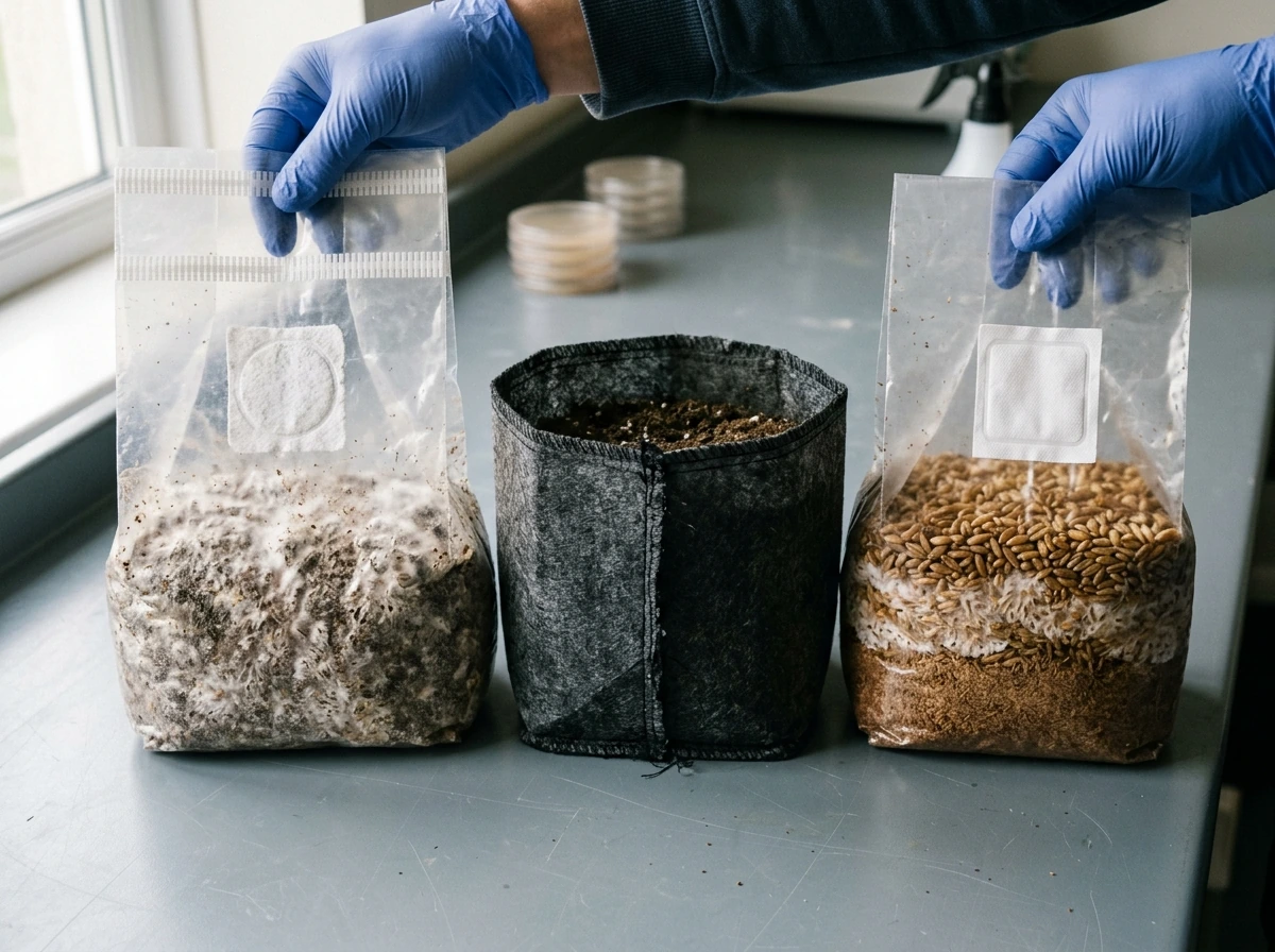 Close-up of different mushroom grow bag types and materials