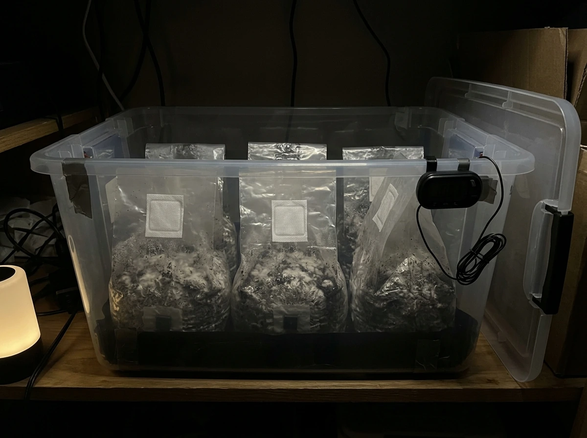 Incubation area with inoculated bags in a dark tote