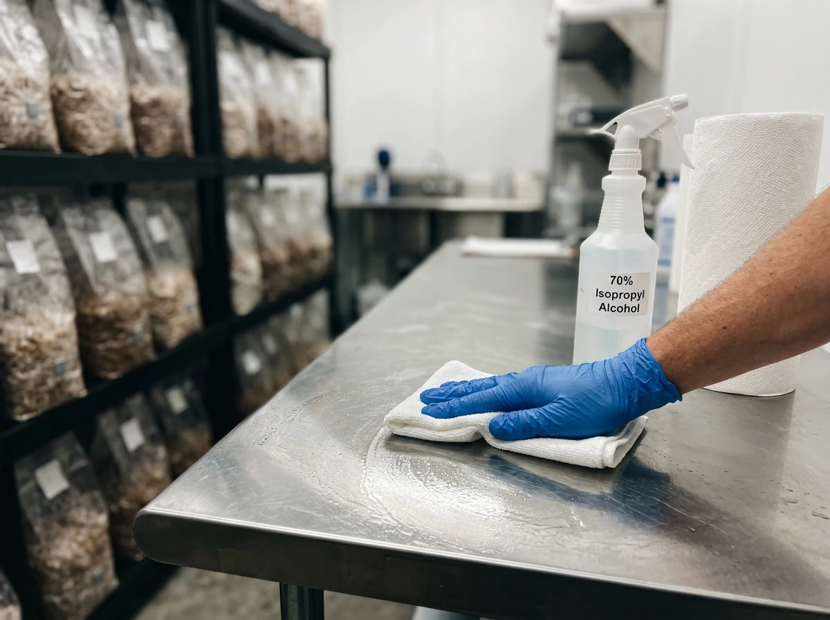 Isopropyl alcohol wiping a clean surface before handling bags