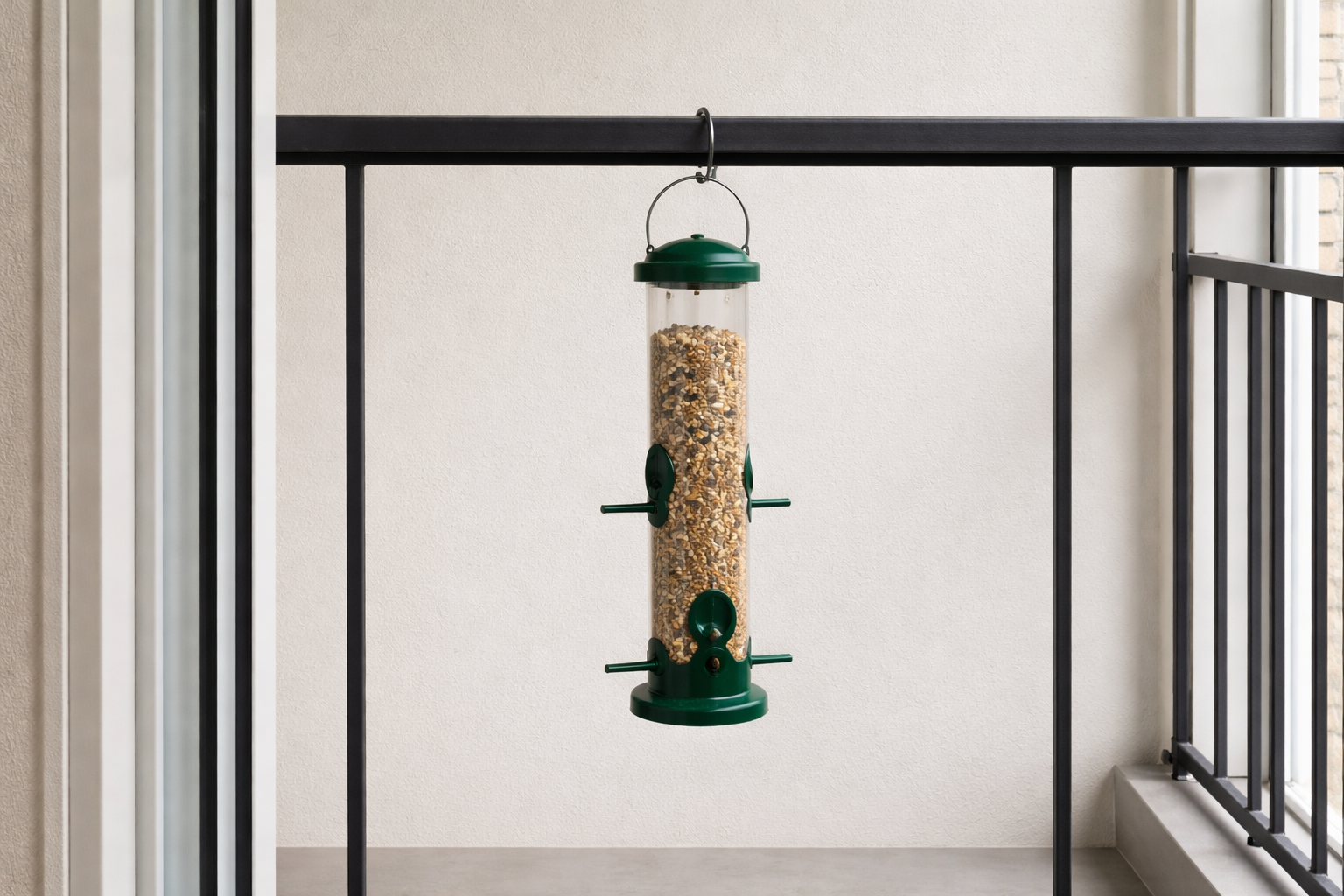 Compact balcony with a small tube bird feeder hung from a metal railing for close viewing.