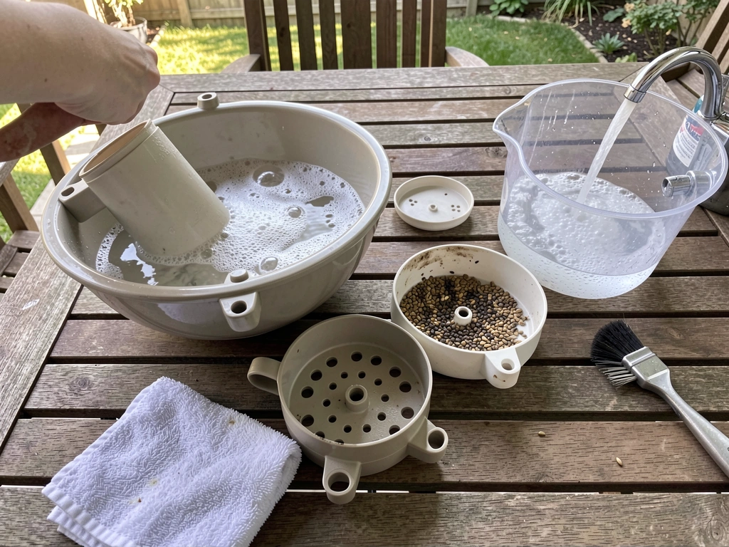 Clean feeder parts soaking and rinsing after disassembly