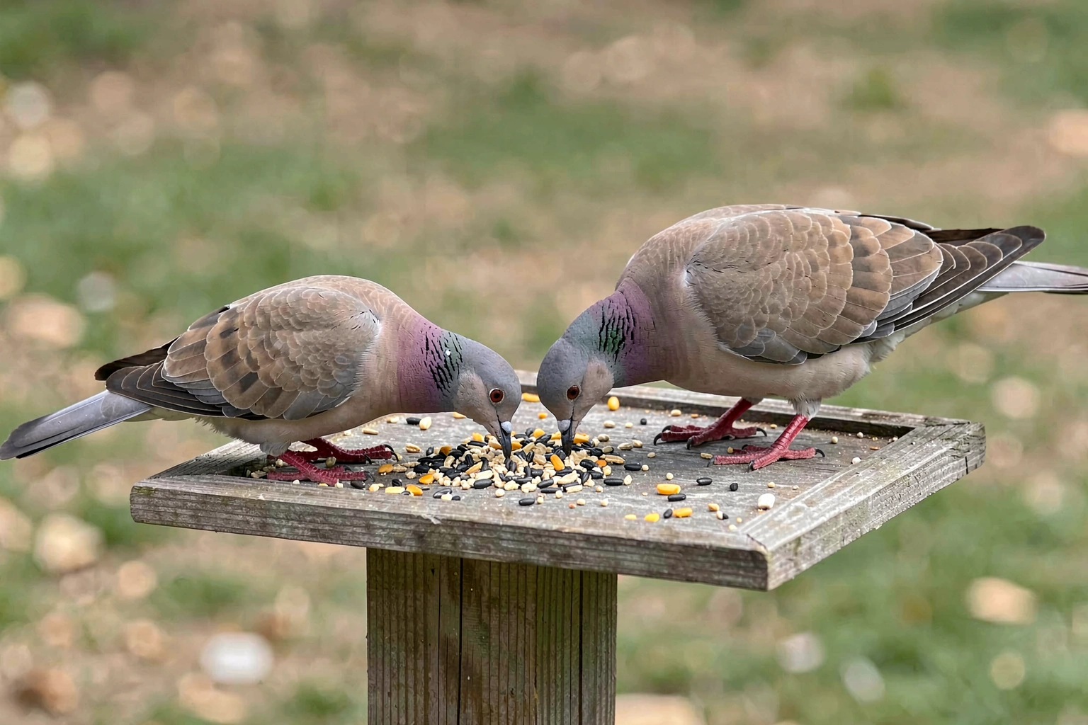 A flat open platform feeder on a wooden post with mourning doves and sparrows standing on the tray pecking at scattered mixed seed