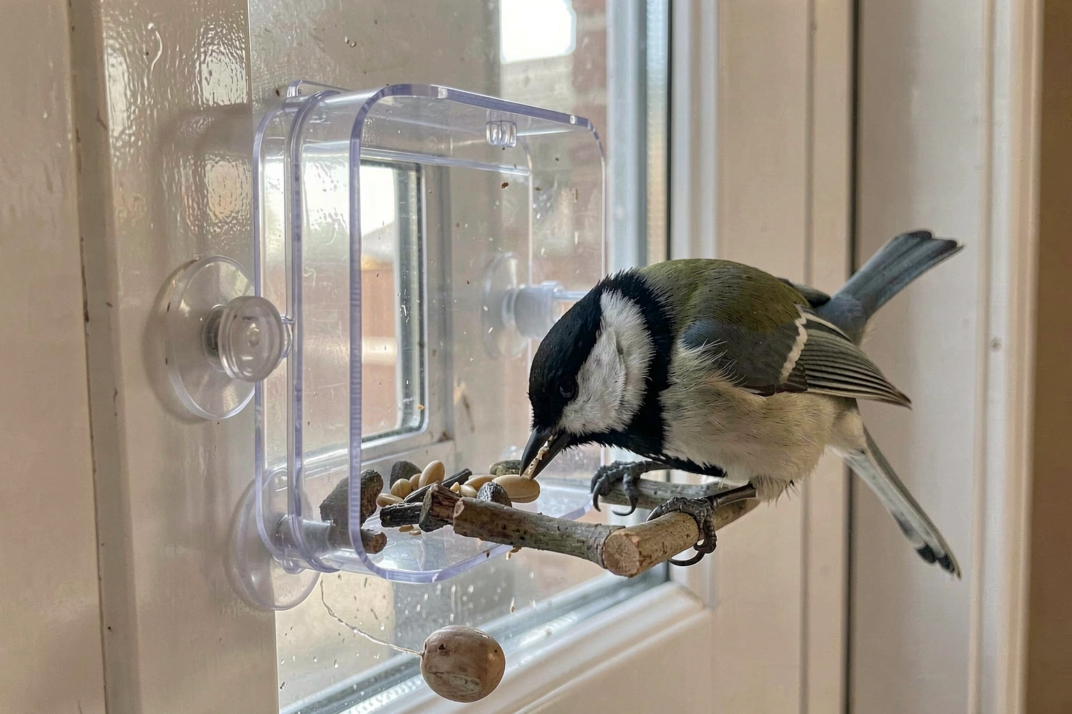 A small clear plastic window feeder attached to glass with suction cups, a chickadee clinging to the perch and pecking seed inches from the window