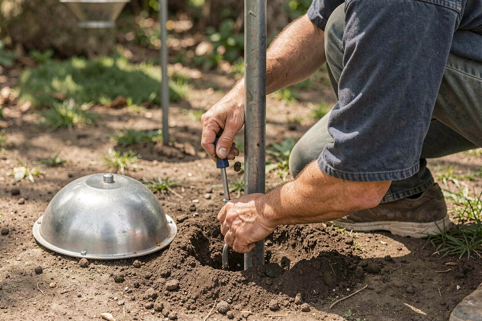 A person outdoors screwing a metal pole into soil, a dome shaped squirrel baffle resting on the ground nearby, a hopper feeder waiting to be hung