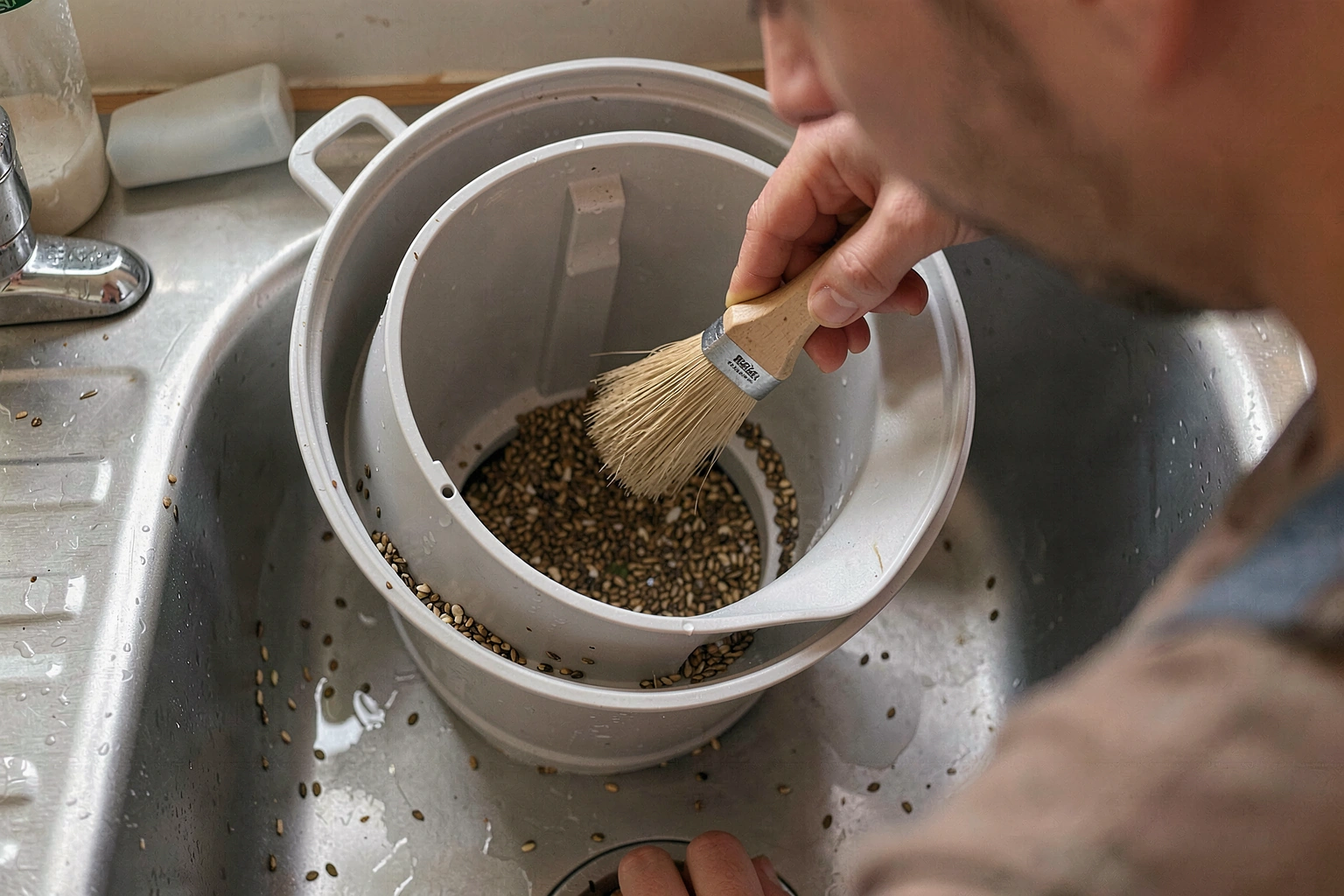 A person holding a stiff brush scrubbing the inside of a disassembled hopper feeder over a utility sink, seed debris and water visible in the basin