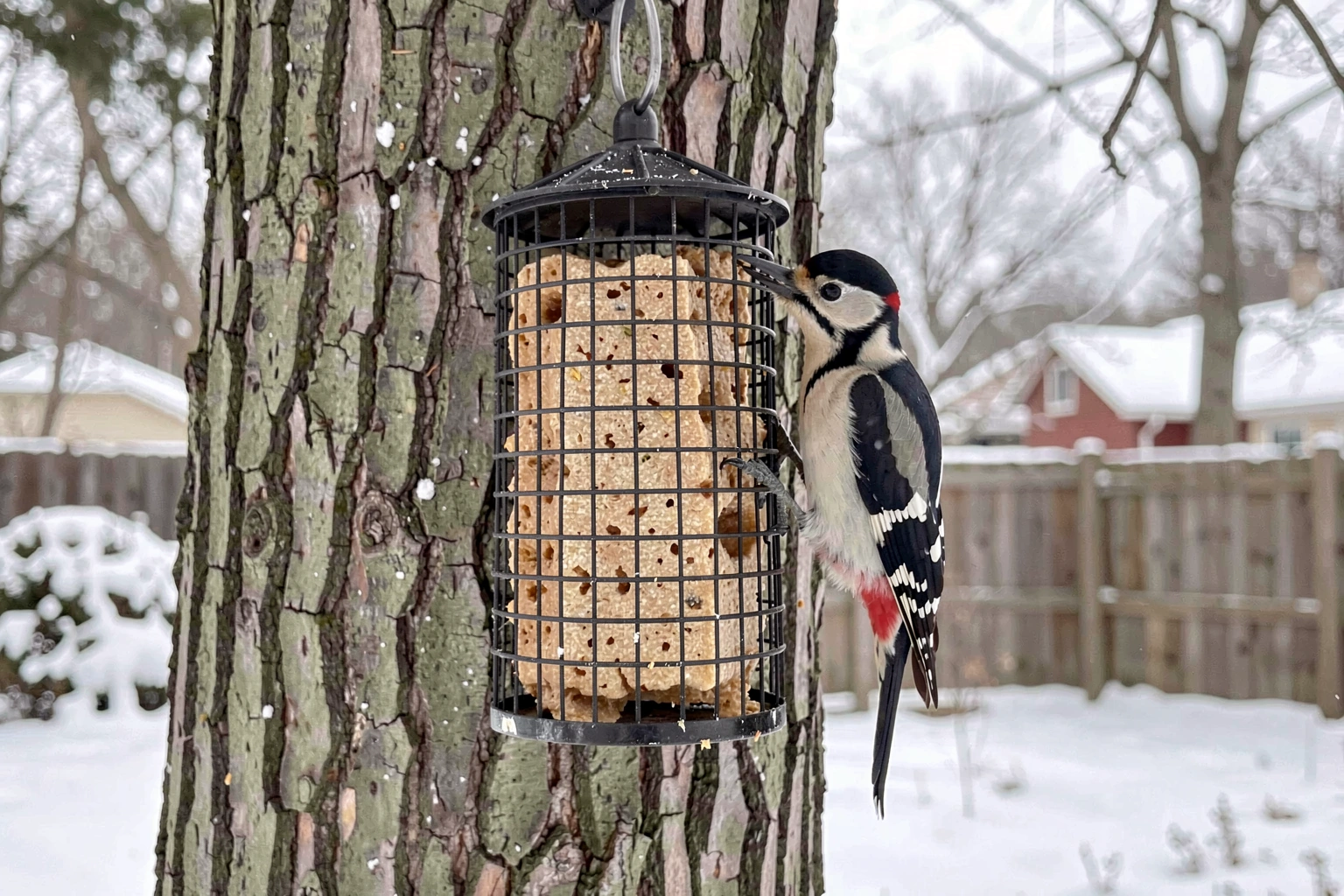 A suet cage feeder mounted on a tree trunk in a snowy backyard, a downy woodpecker clinging to the cage and pecking at the suet block