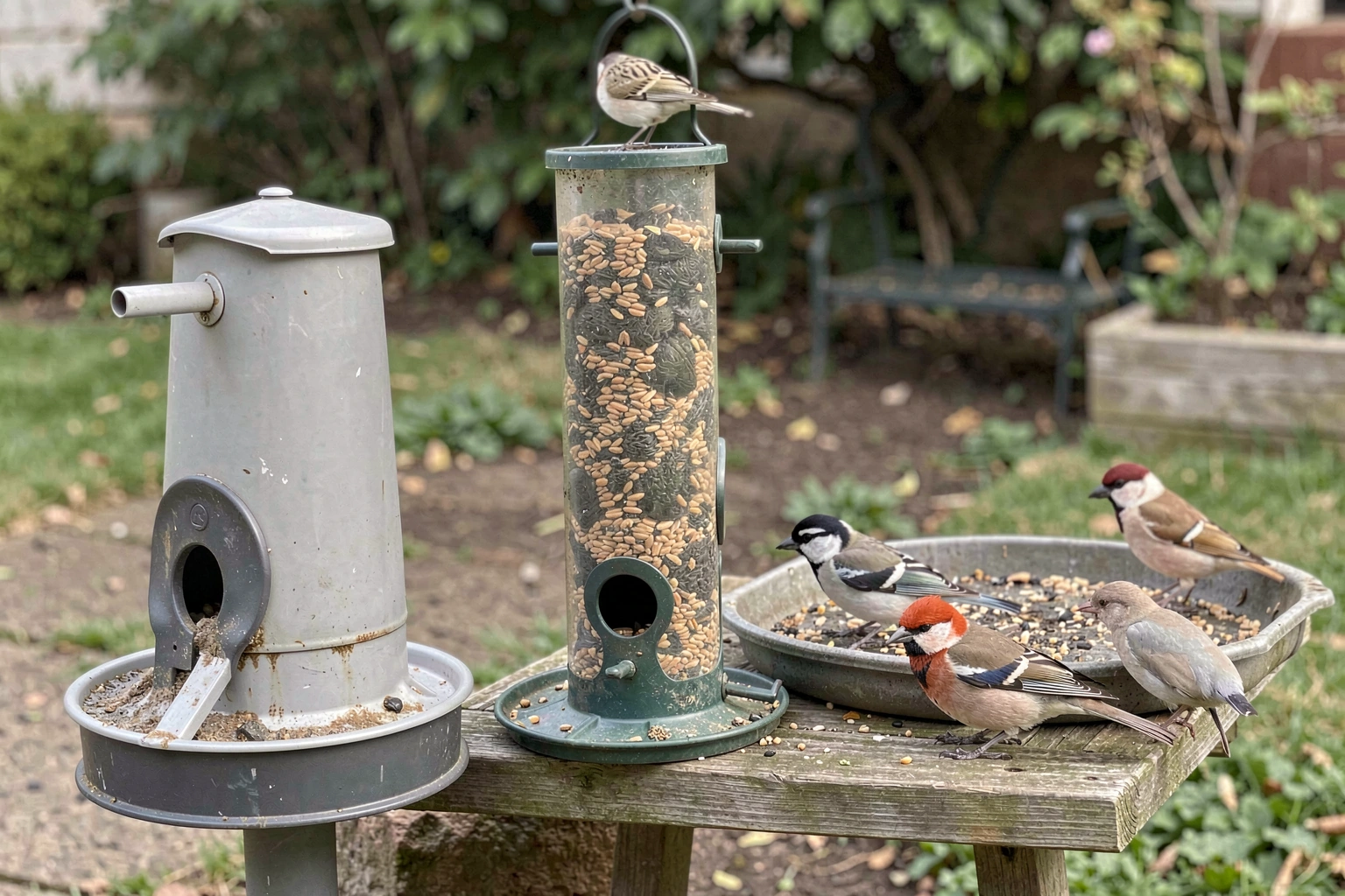 Three bird feeders side by side outdoors: a hopper feeder, a tube feeder with multiple ports, and a flat platform tray feeder, each with different birds feeding