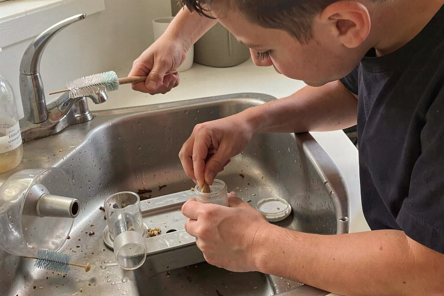 A person scrubbing the inside of a bird feeder with a small bottle brush over a utility sink, with disassembled feeder parts laid out beside them