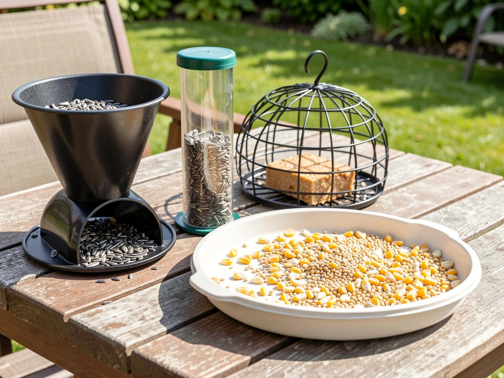 Hopper, tube, suet, and tray feeders side-by-side showing their shapes and typical contents. Style: candid iPhone photo,