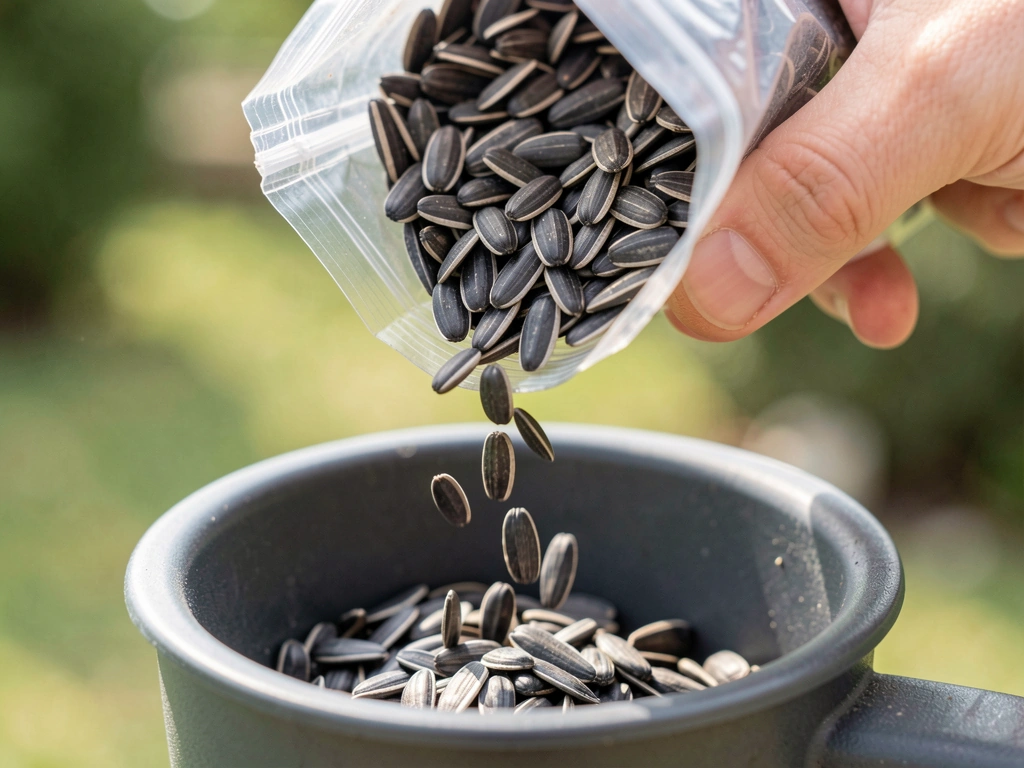 Hand pouring black-oil sunflower seed into a hopper feeder reservoir. Style: candid iPhone photo, natural light, eye-lev