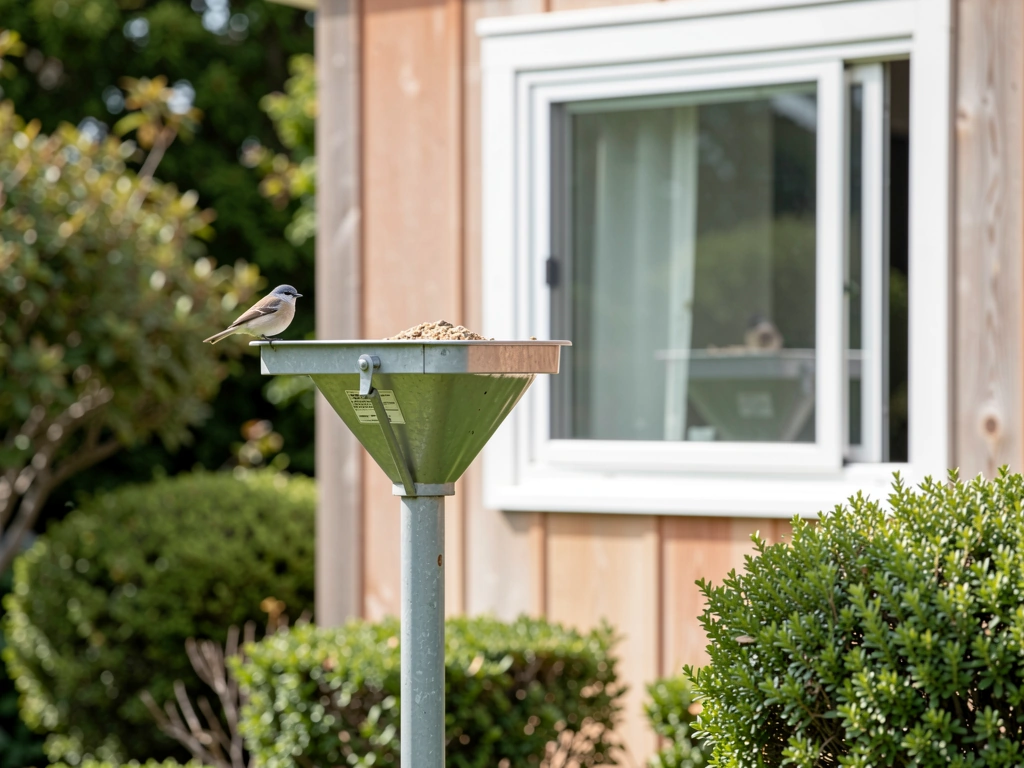 Bird feeder positioned relative to a window to illustrate collision-safe placement. Style: candid iPhone photo, natural