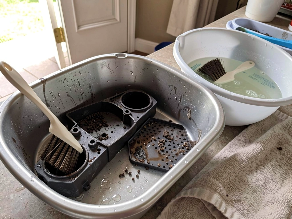 Disassembled hopper feeder being scrubbed and rinsed as part of regular cleaning. Style: candid iPhone photo, natural li