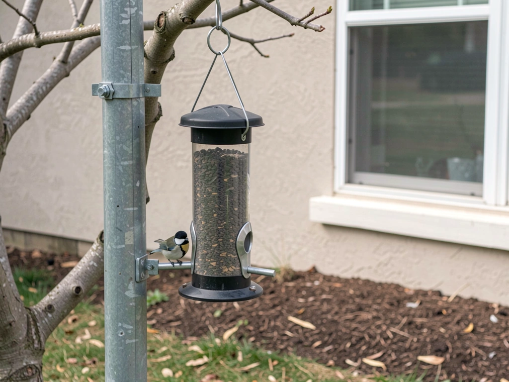 Tube feeder hung about 5 feet high with safe window placement distance visible in background. Style: candid iPhone photo