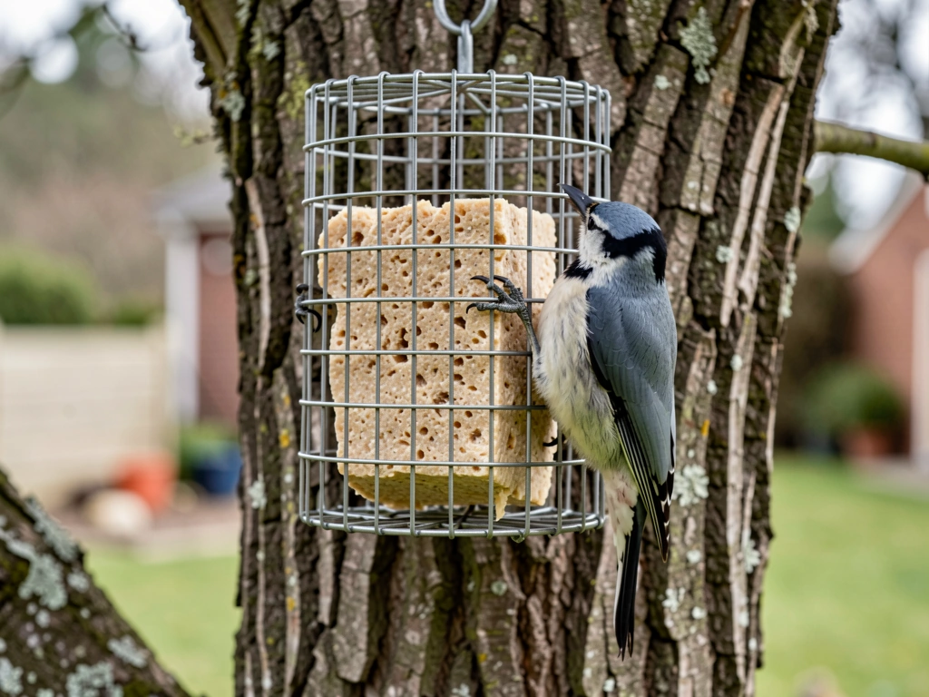 Woodpecker or small clinging bird feeding from a suet wire cage on a tree trunk. Style: candid iPhone photo, natural lig