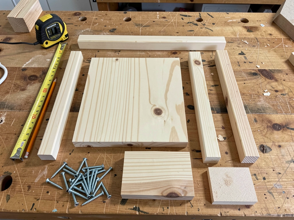 Cedar platform feeder parts laid out with tape measure and screws