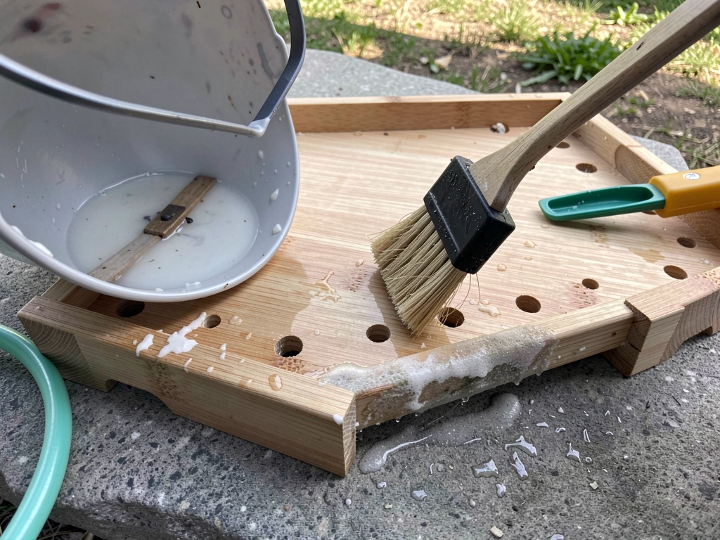 Platform bird feeder tray being cleaned with bleach solution and stiff brush