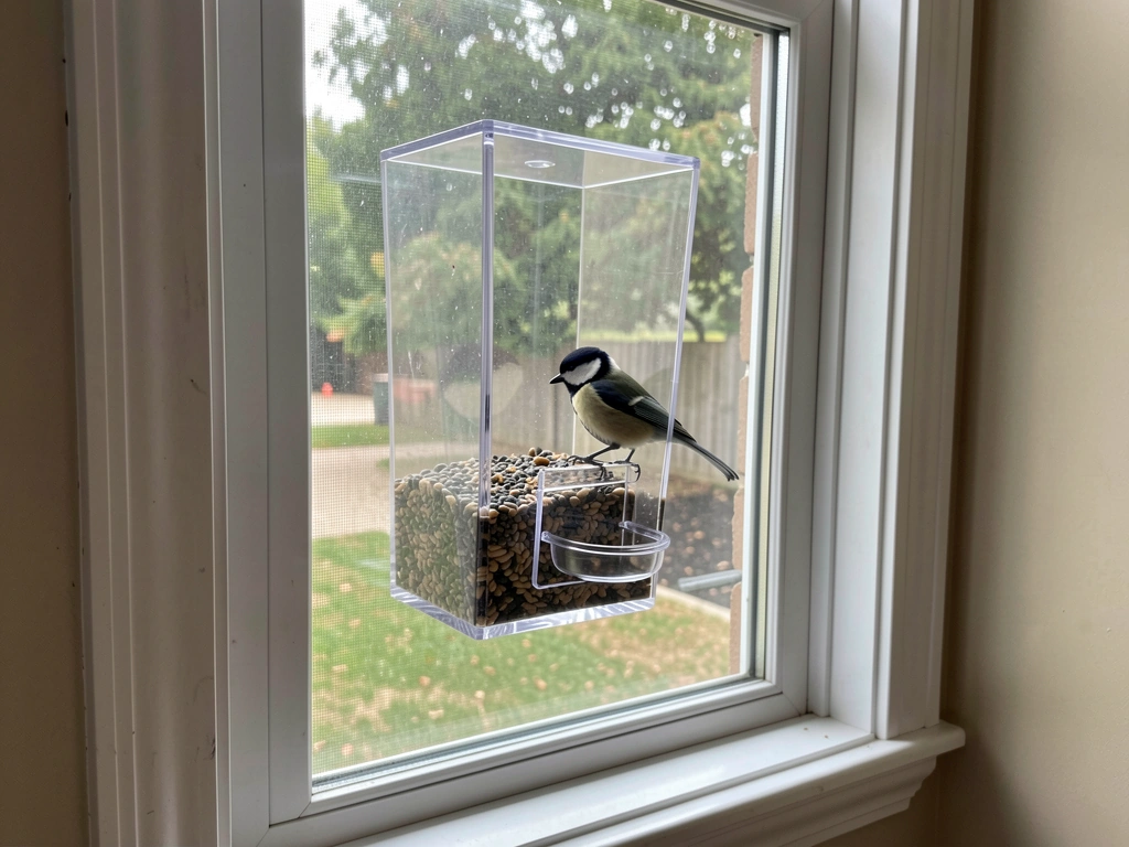 Clear hopper bird feeder flush on window with a bird feeding through the clear body
