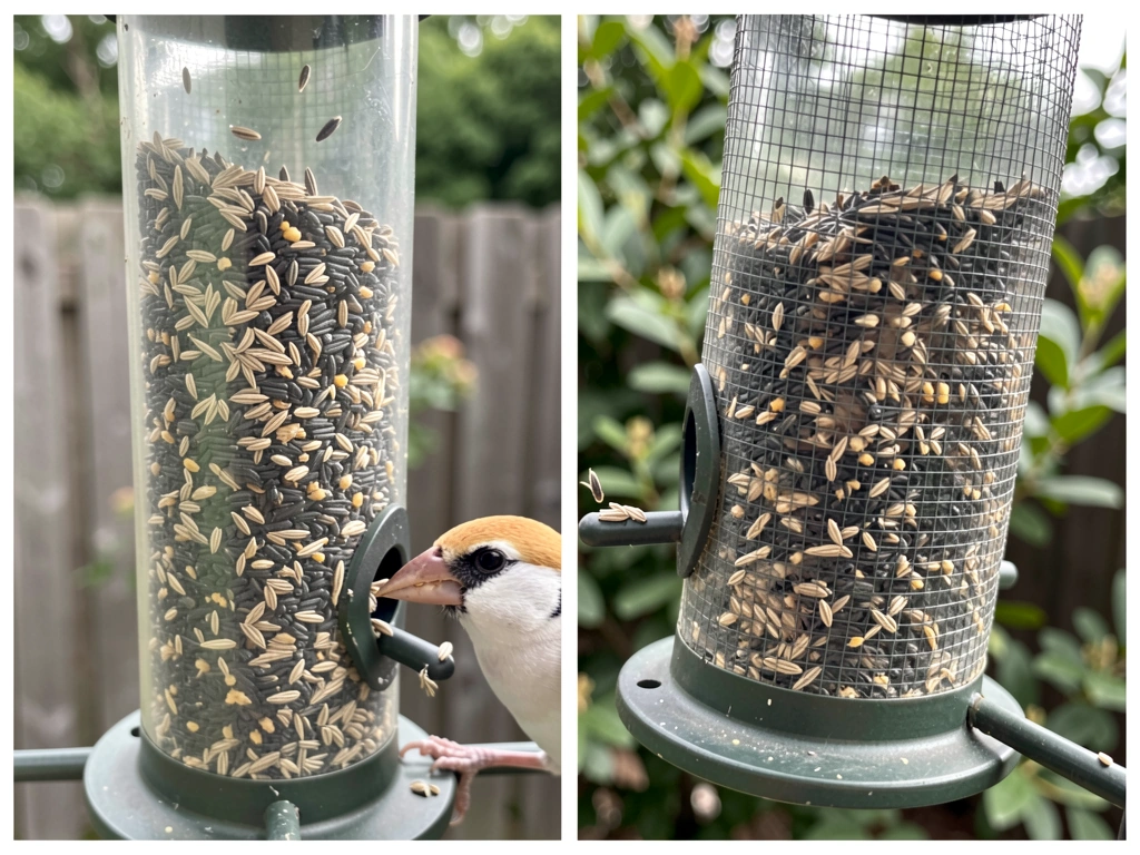 Tube feeder filled with nyjer (thistle) and a mesh sock finch setup