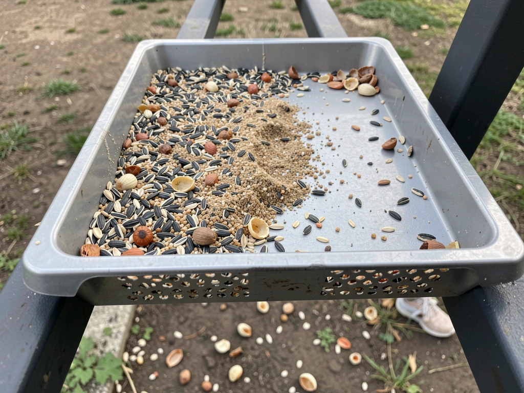 Platform tray feeder with mesh bottom and mixed seed for ground-feeding birds