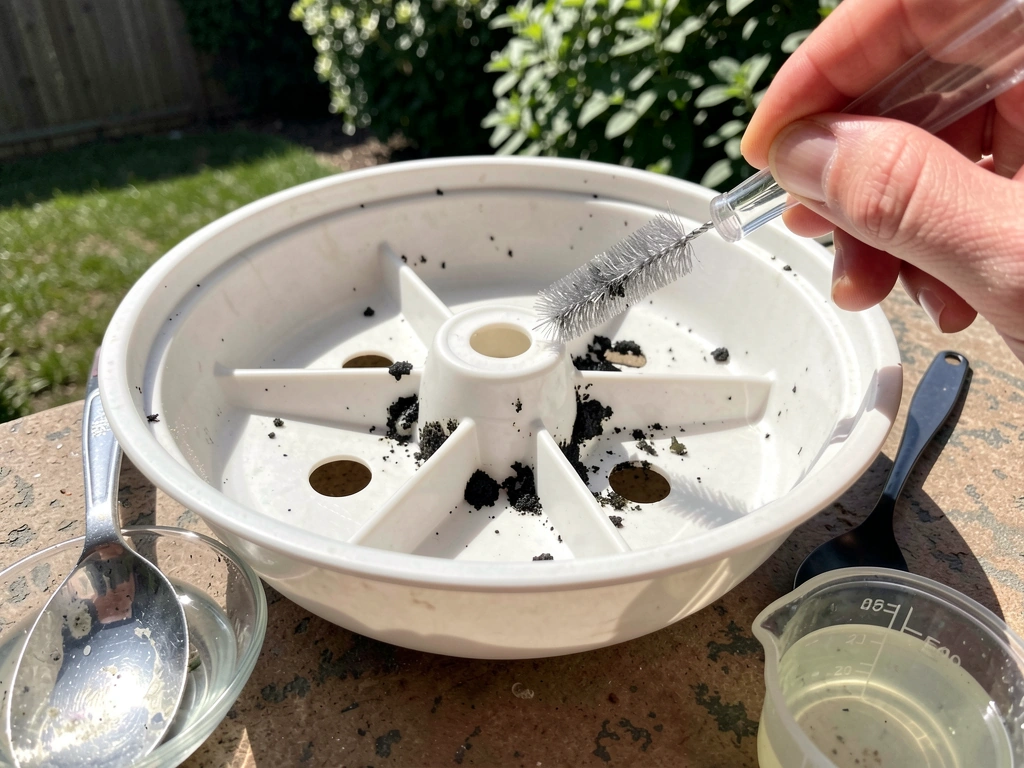 Cleaning a hummingbird feeder ports with a small brush and warm water