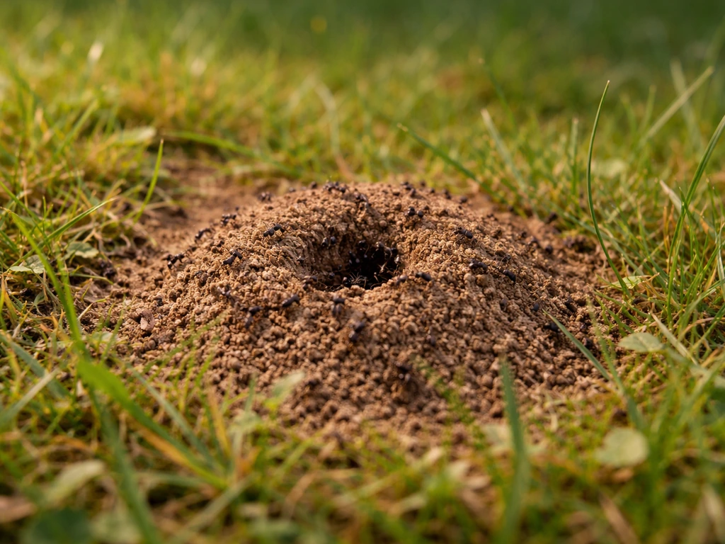 Gazon en été avec un nid de fourmis en monticule de terre, des fourmis visibles près du point de sortie.