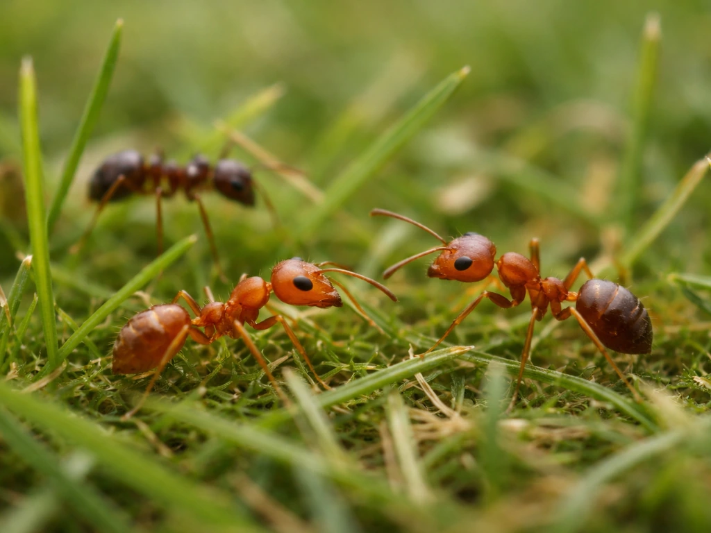 Gros plan réaliste de plusieurs fourmis rouges sur l’herbe, avec diversité de couleurs et tailles pour comparer.