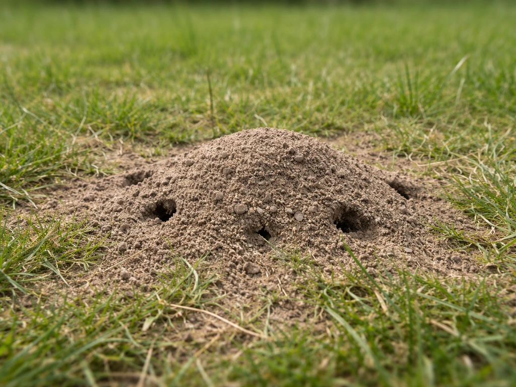 Monticule de terre et petites entrées dans le gazon, avec traces d’activité visibles au ras du sol.
