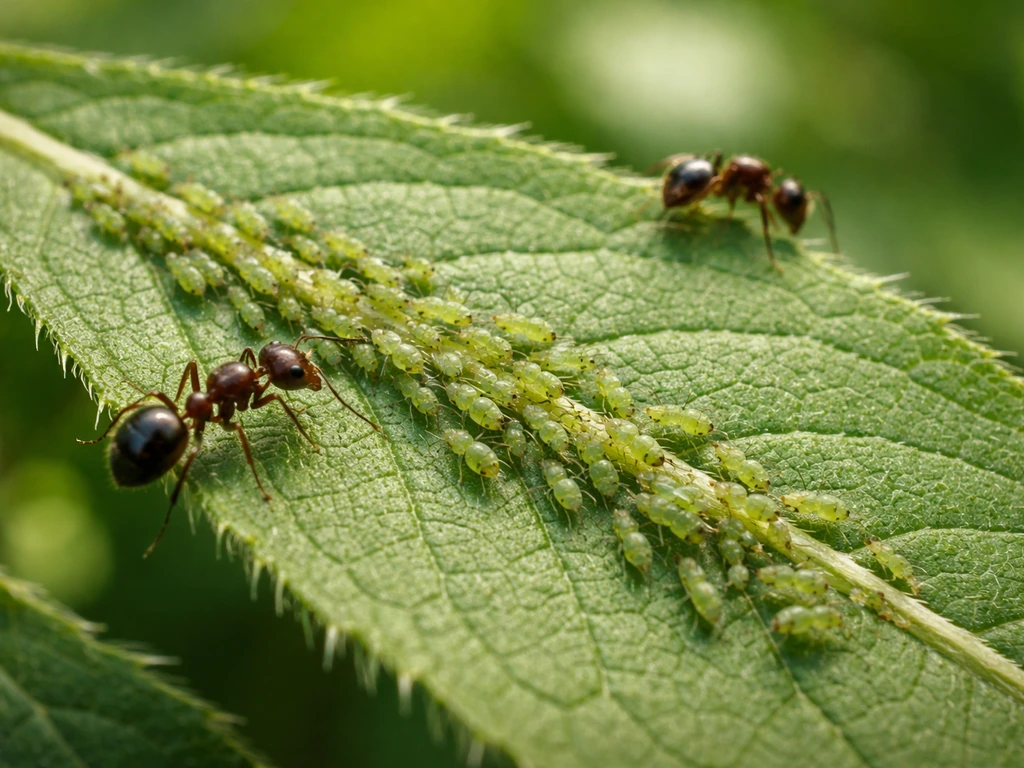 Gros plan sur des pucerons sur une feuille de plante avec des fourmis autour.