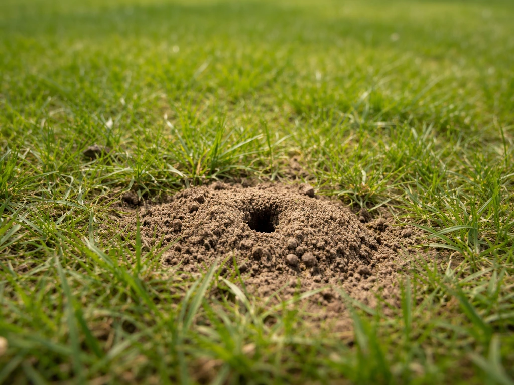 Pelouse verte avec petits orifices et terre légèrement remuée, évoquant un nid d’abeilles dans la pelouse.