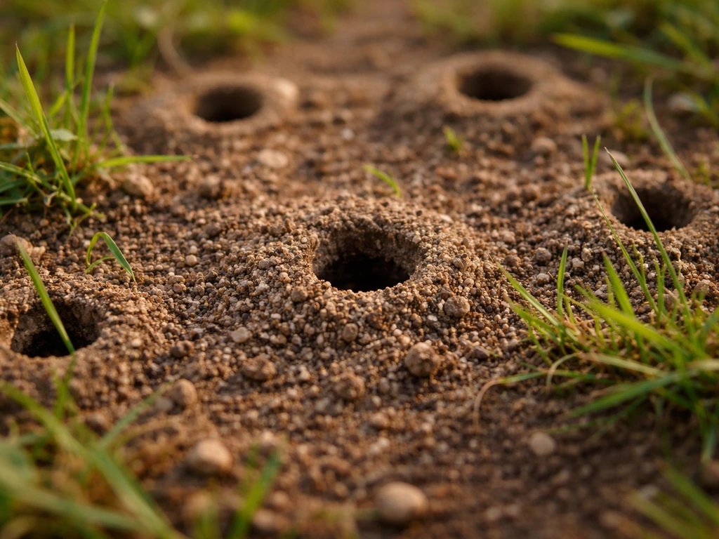 Macro d’orifices de 3 à 8 mm dans une pelouse, avec petits monticules de terre d’abeilles terricoles.