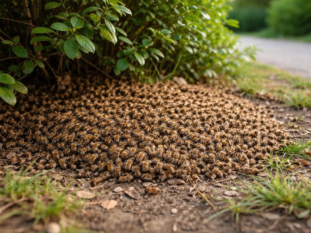 Essaim d’abeilles mellifères regroupé au sol au pied d’un buisson dans un jardin, visible de loin.
