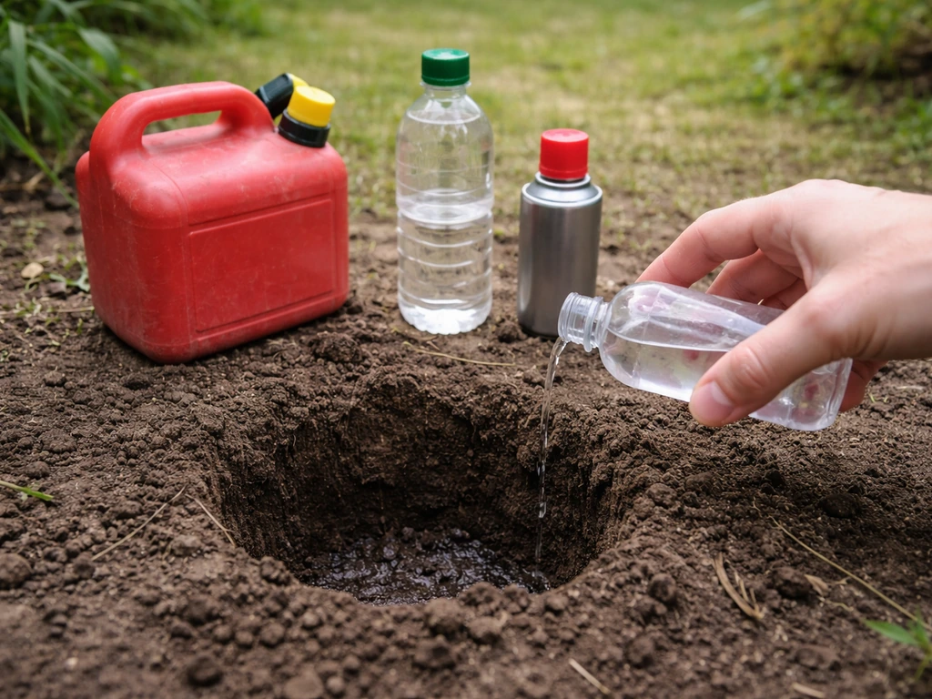 Main près d’un trou dans la terre, avec vinaigre, essence et aérosol écartés à côté, scène à éviter.