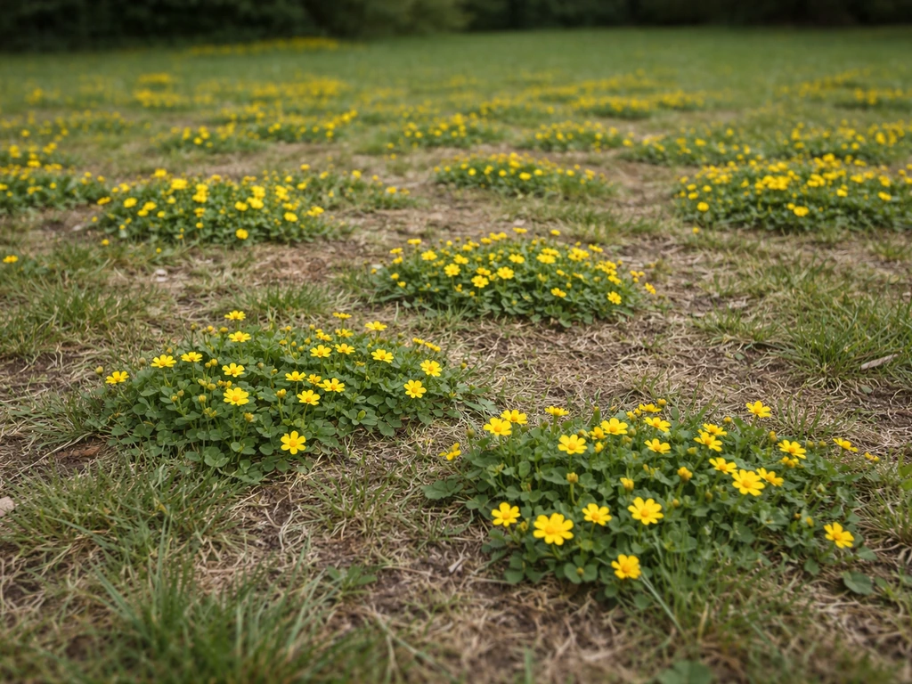 Pelouse infestée avec de nombreuses fleurs jaunes visibles et herbe clairsemée.