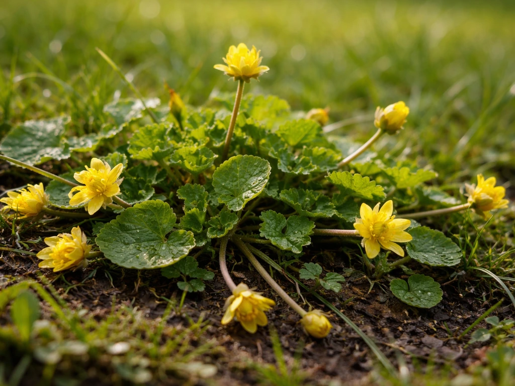 Plante à fleurs jaunes envahissante sur une pelouse : feuilles, port et tiges visibles au ras du sol.
