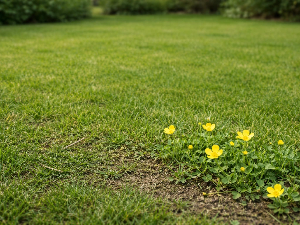 Jardin avec pelouse très dense, tonte courte et renoncules rampantes retirées avant la montée en graines.