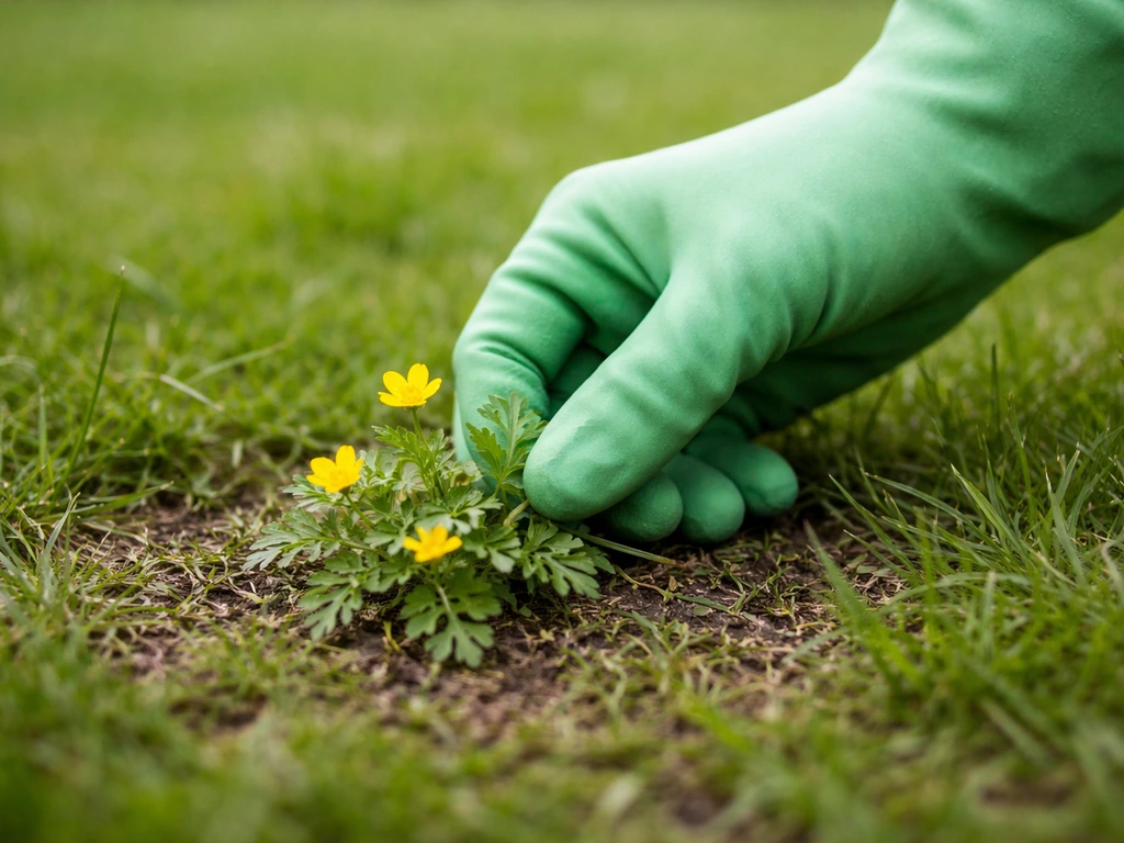 Main tenant une plante au ras d’une pelouse, avec fleurs jaunes près du doigt, évocation du risque au contact