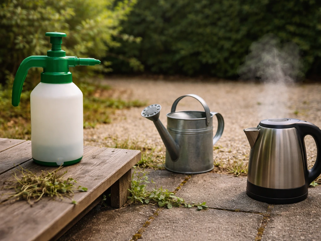 Pulvérisateur de désherbant à gauche et arrosage/eau bouillante localisée à droite dans un jardin, sans texte.