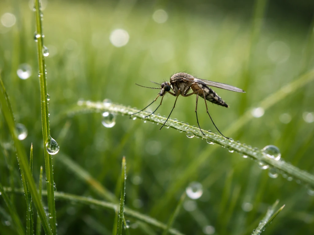 Gros plan sur un moustique posé sur un brin d’herbe humide, pelouse de jardin française floue en arrière-plan.