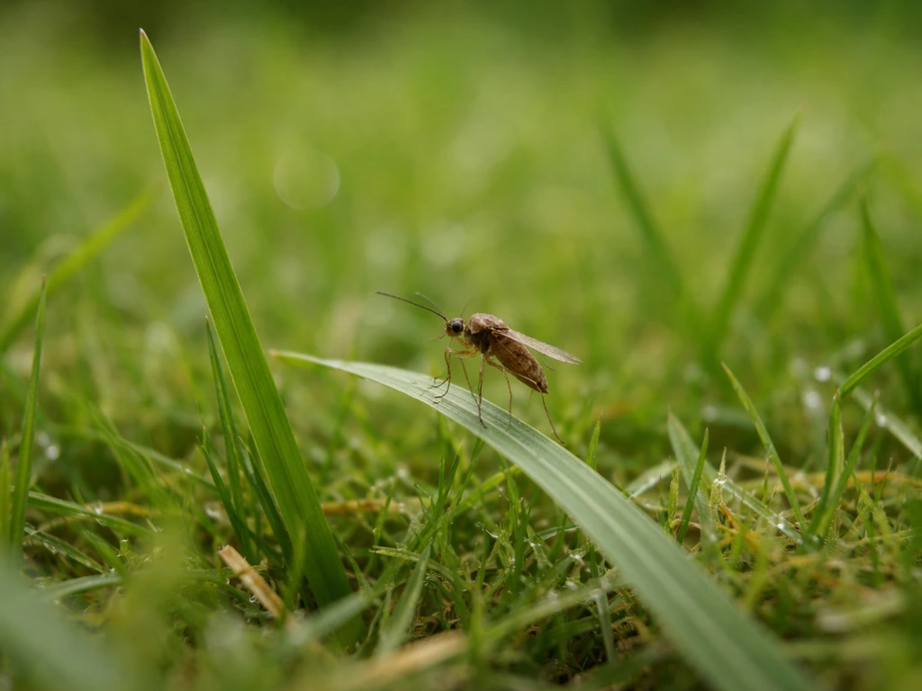 Gros plan réaliste d’un insecte près d’un brin d’herbe, ambiance de jardin montrant une possible confusion avec un moust