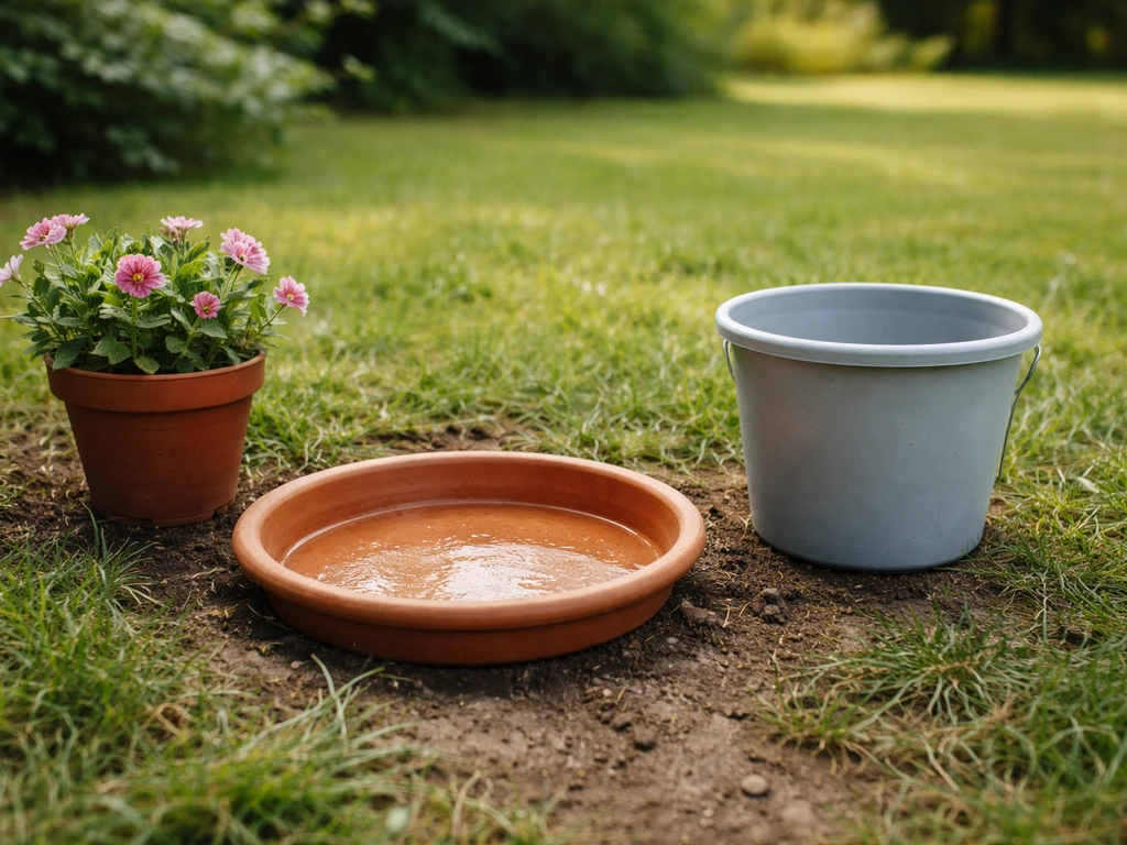 Avant/après : soucoupe de pot de fleurs vidangée et zone de pelouse nettoyée après nettoyage d’un point d’eau