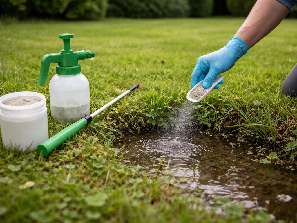 Mains gantées appliquant un larvicide biologique sur une zone humide près de la pelouse, arrosoir prêt.
