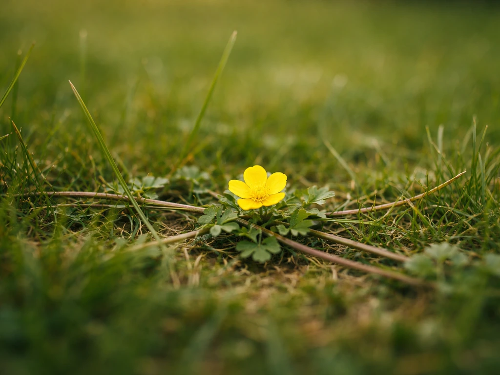 Petite renoncule rampante jaune au ras du sol, stolons visibles dans une pelouse verte.
