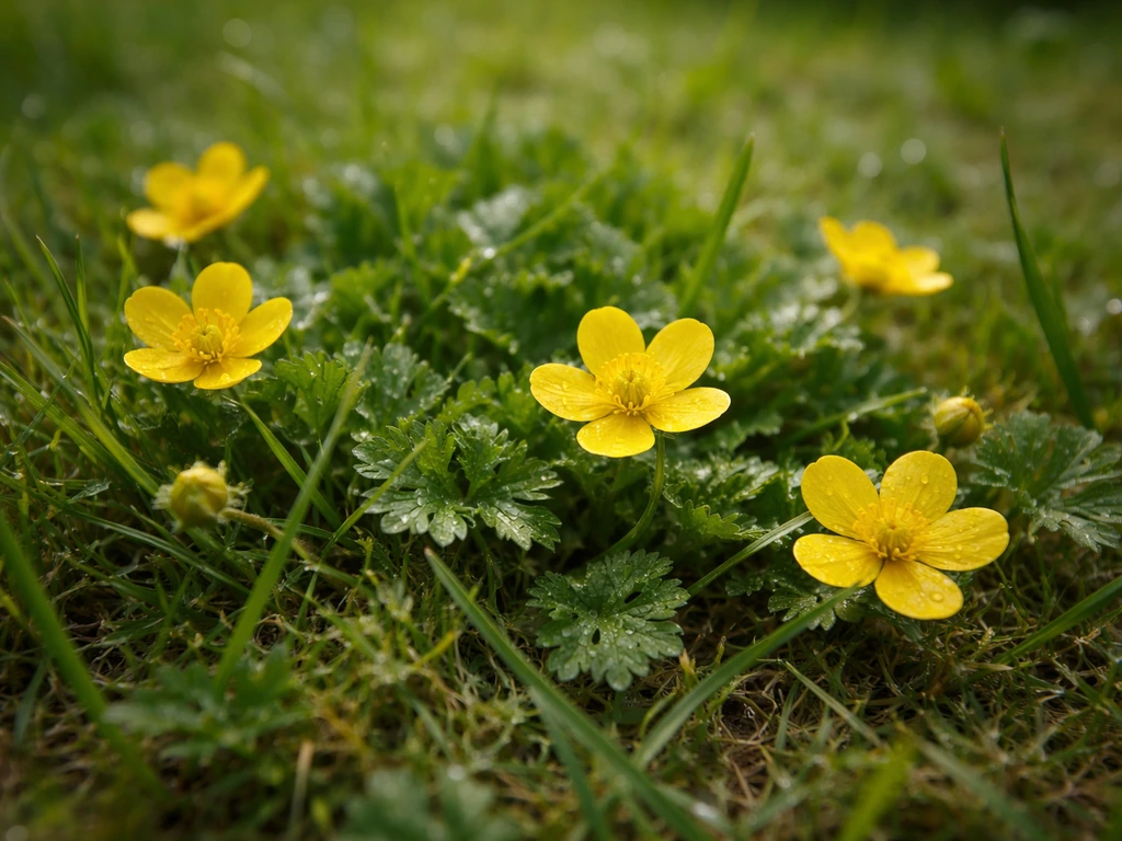 Gros plan de renoncule rampante jaune dans une pelouse, fleurs et feuilles visibles au ras du gazon.