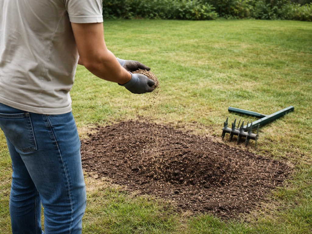 Jardin : regarnissage d’une pelouse claire après arrachage, avec terreau, semences et aérateur au sol.