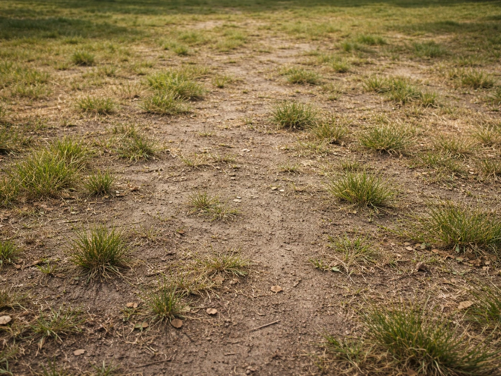 Pelouse clairsemée avec zones jaunes et brunes, sol visible, herbe rare dans un jardin français.