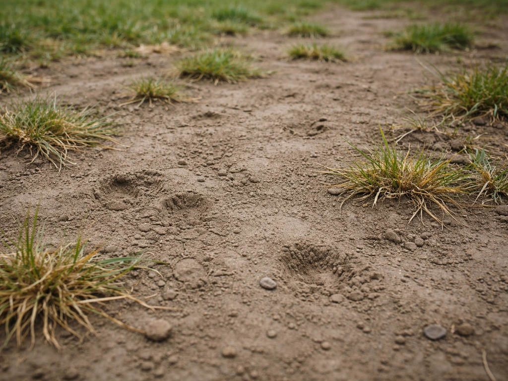 Gros plan sur un sol compacté et des empreintes, avec une herbe chétive autour, montrant pourquoi la pelouse pousse mal.