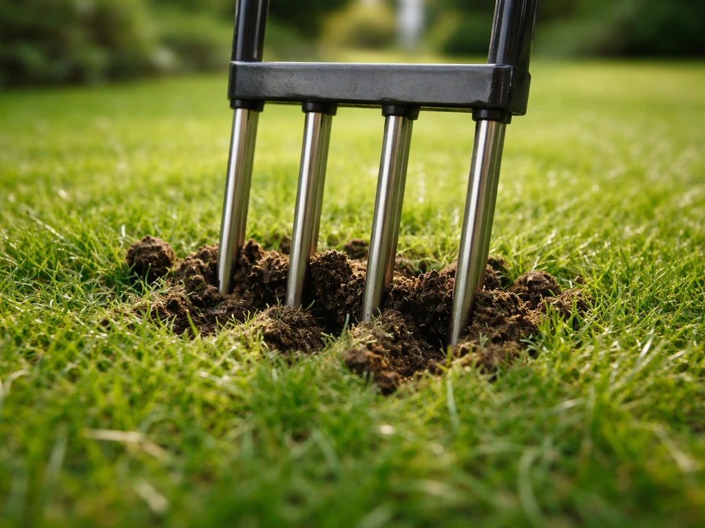 Aérateur ou grelinette qui s’enfonce dans une pelouse dense, dents travaillant le sol entre les brins