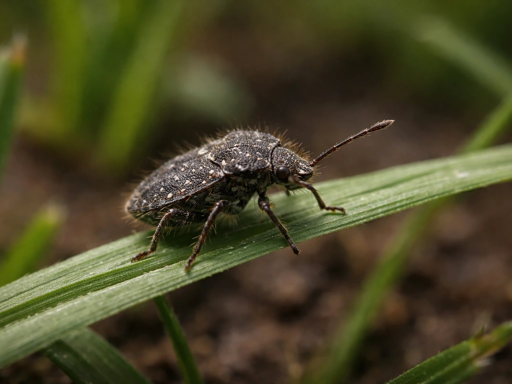 Gros plan d’une punaise de pelouse velue sombre sur un brin d’herbe, texture bien visible.