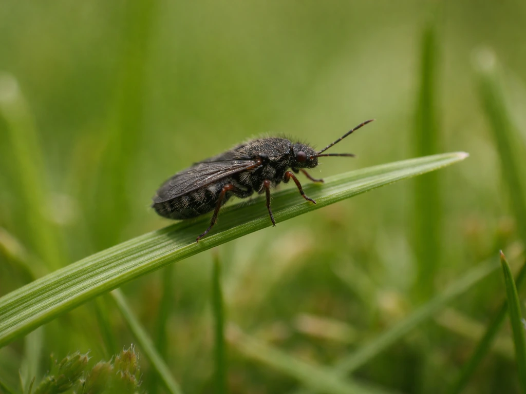 Macro d’une punaise de pelouse noire et velue sur un brin d’herbe, au milieu du gazon.