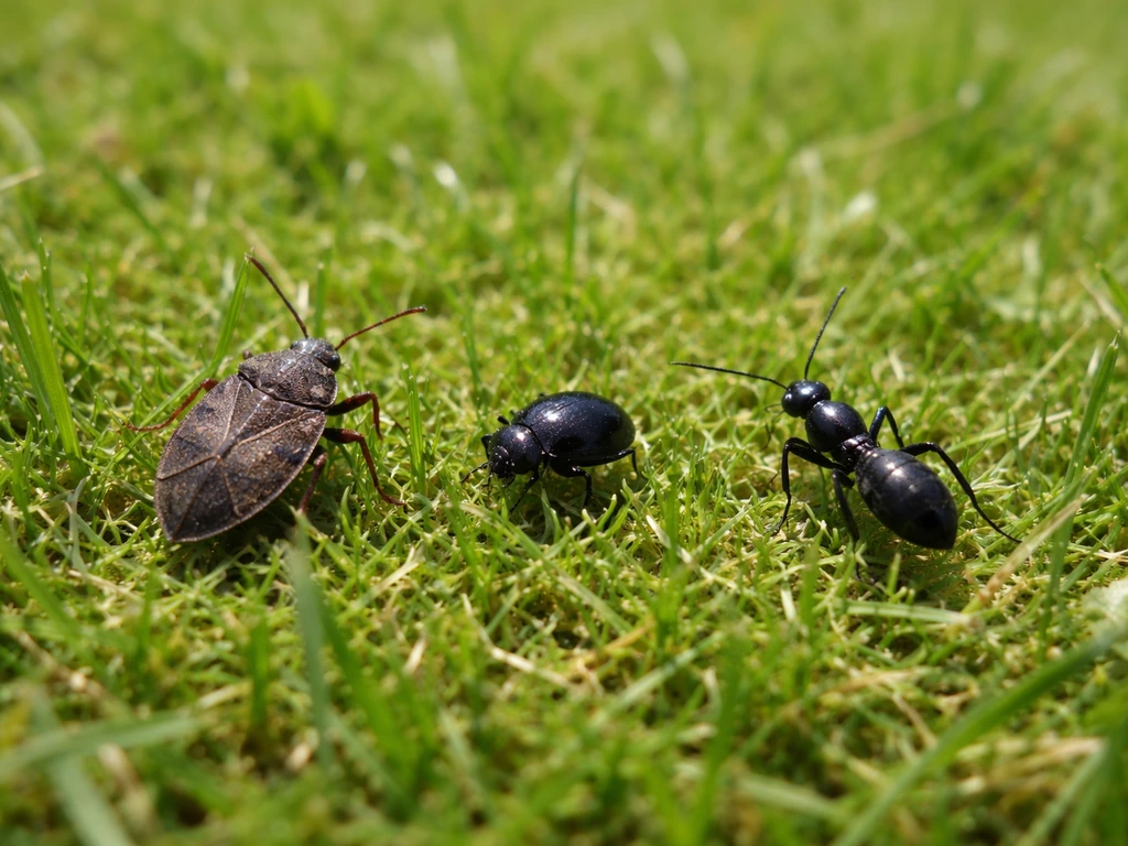 Trois petits insectes anonymes sur une pelouse, avec la punaise de pelouse brun/noir mise en avant.